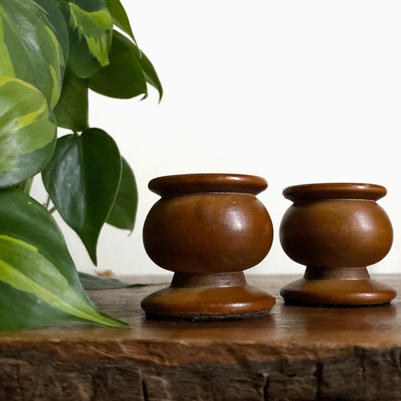 Vintage Mid Century Modern Short Round Wooden Candle Holders - Set of 2